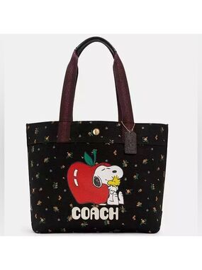 NWT Limited Edition Coach x Peanuts Snoopy Woodstock Black Floral Apple Tote